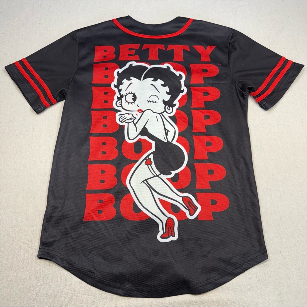 Betty Boop Baseball Jersey Womens Black Red Cartoon Graphic Button Front Size XS - Picture 7 of 11